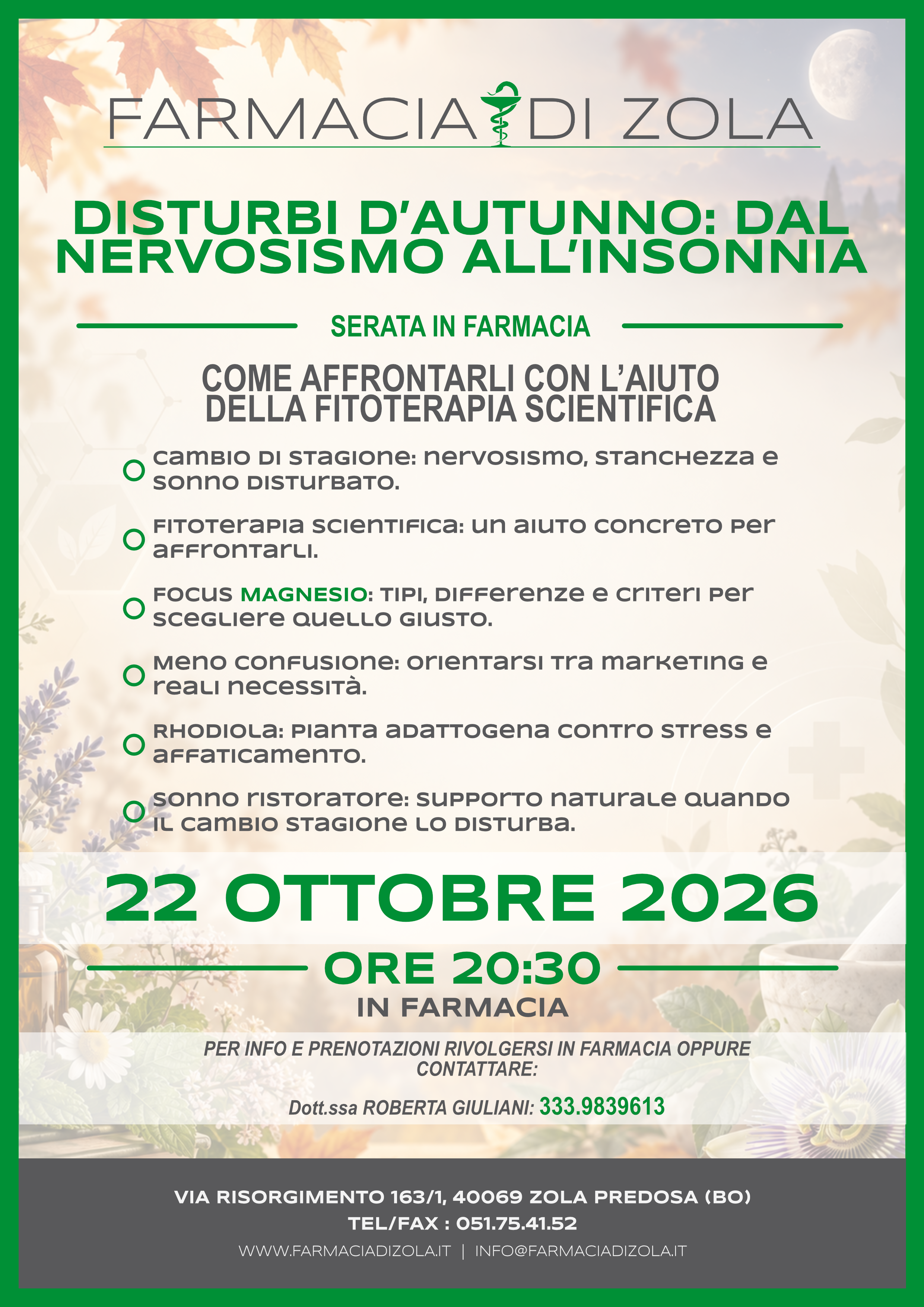 Locandina della serata Disturbi d’autunno: dal nervosismo all’insonnia, 22 ottobre 2026