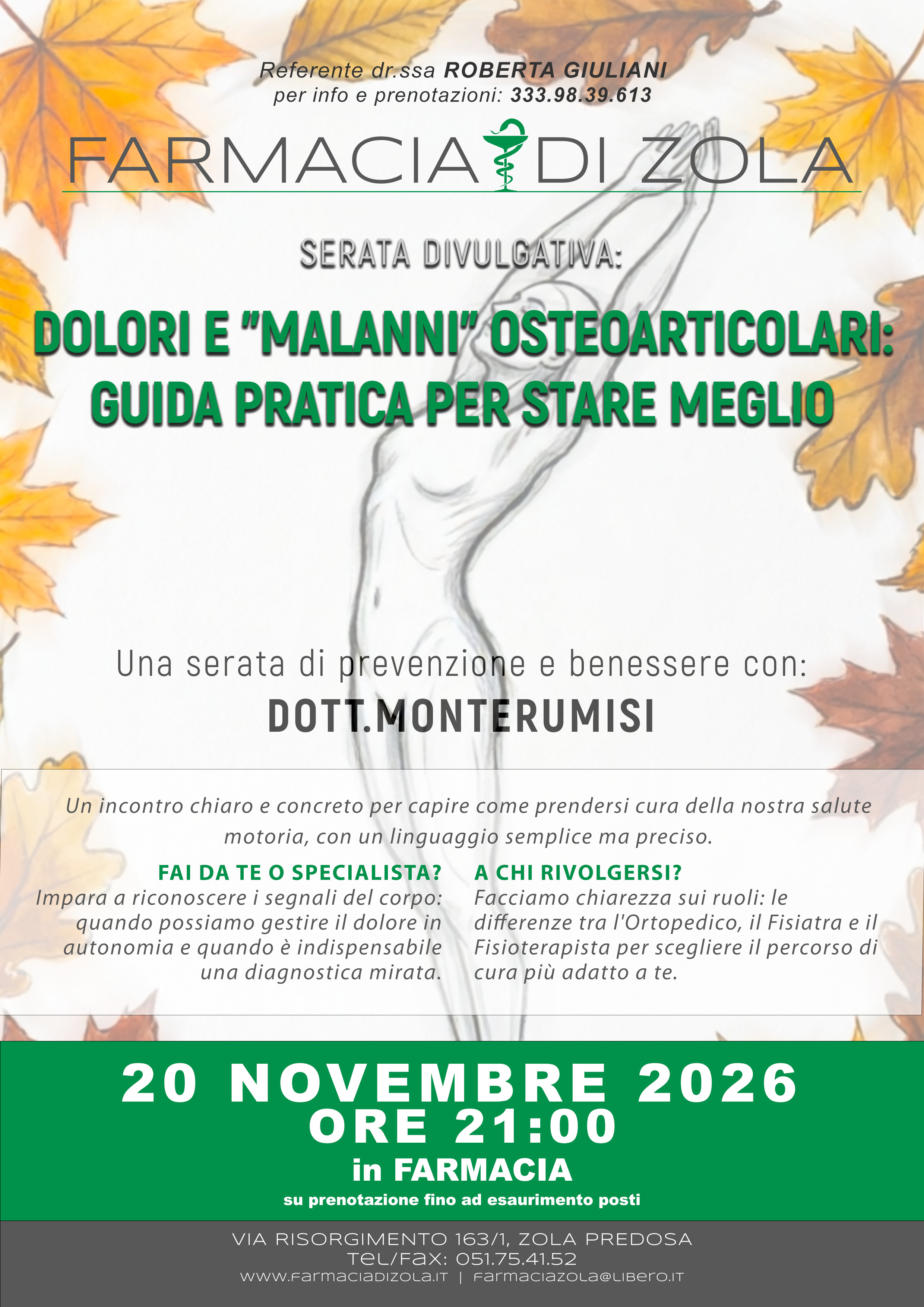 Locandina della serata Dolori e malanni osteoarticolari: guida pratica per stare meglio, 20 novembre 2026